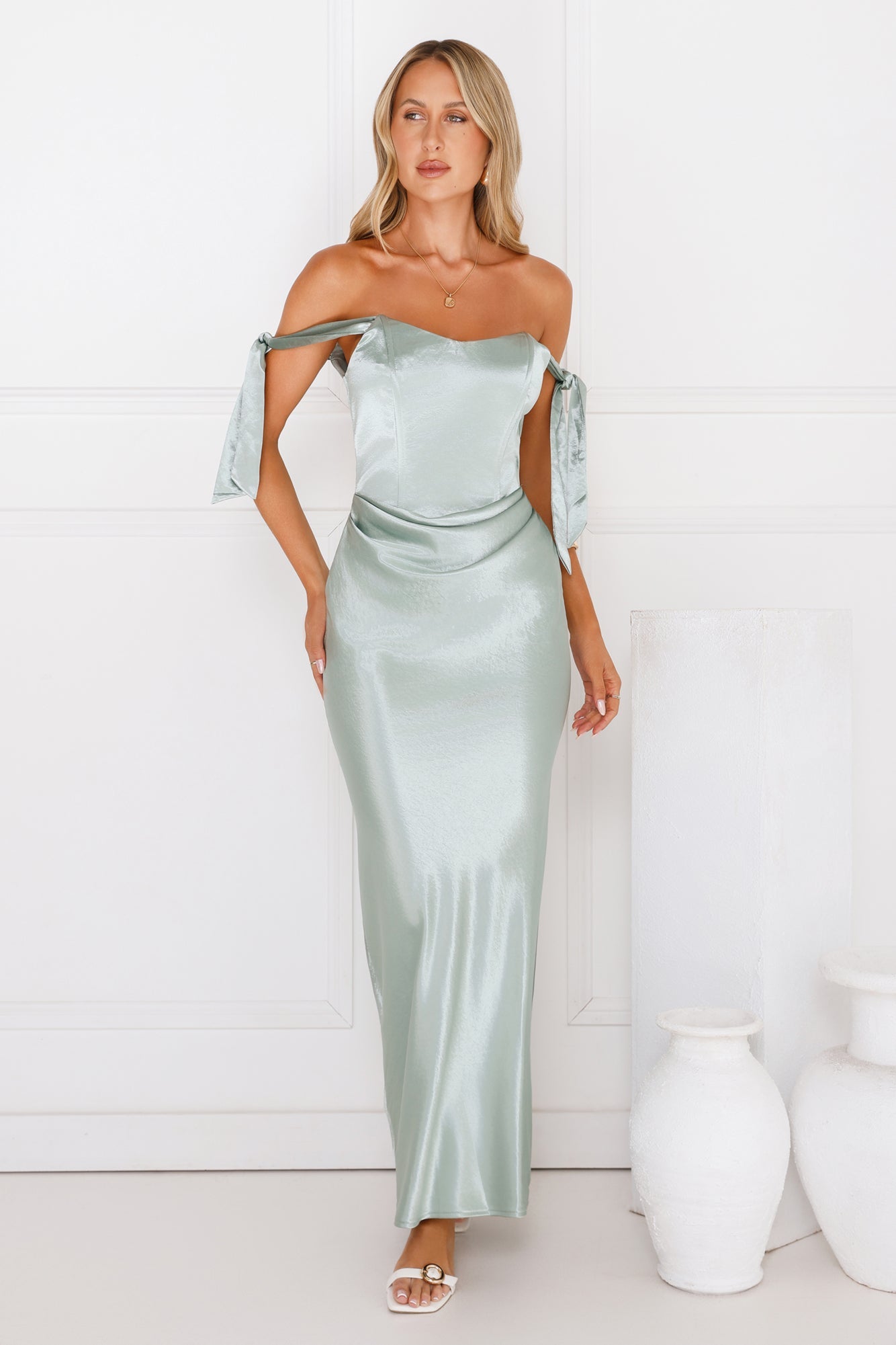 Midnight Grace Satin Maxi Dress Sage
