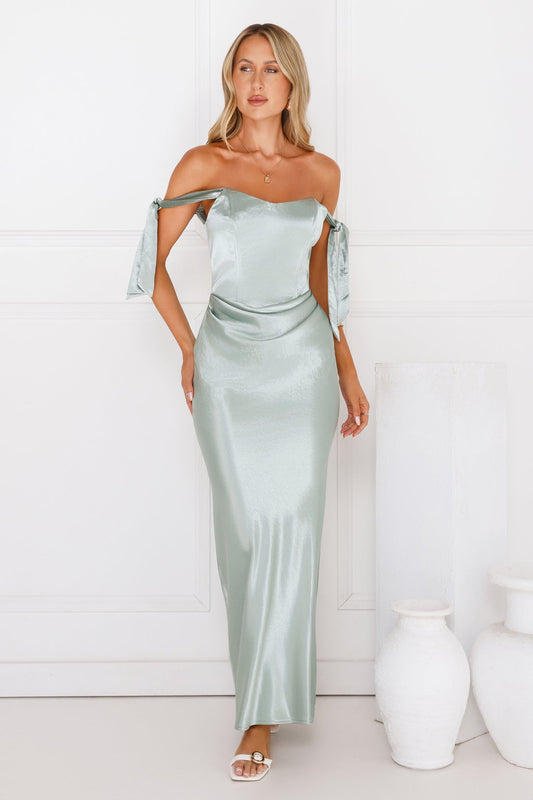 Midnight Grace Satin Maxi Dress Sage