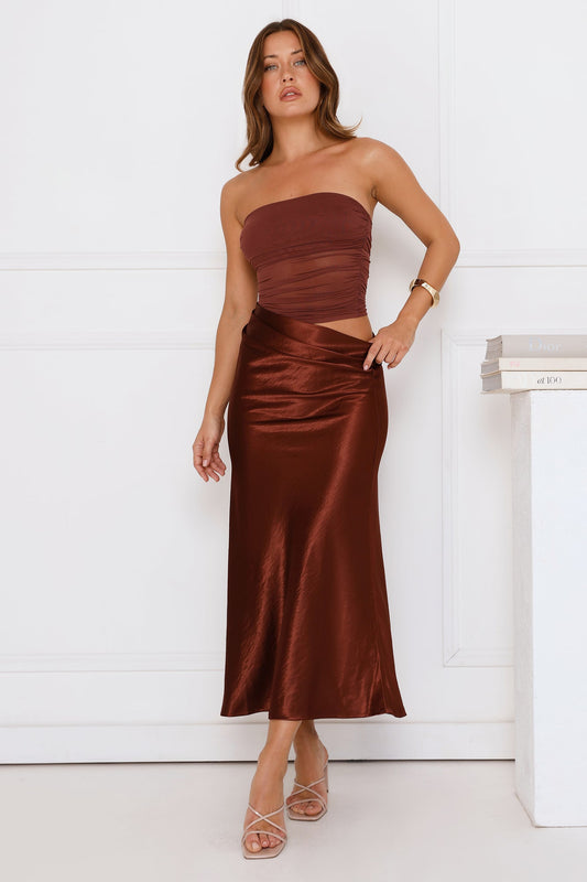 Luxe Attitude Satin Mesh Strapless Maxi Dress Brown