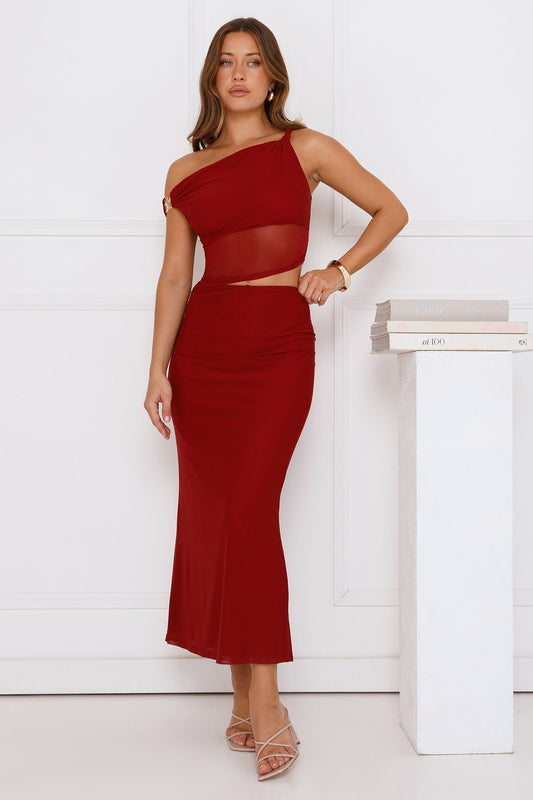 Shimmering Edge Off Shoulder Mesh Maxi Dress Burgundy