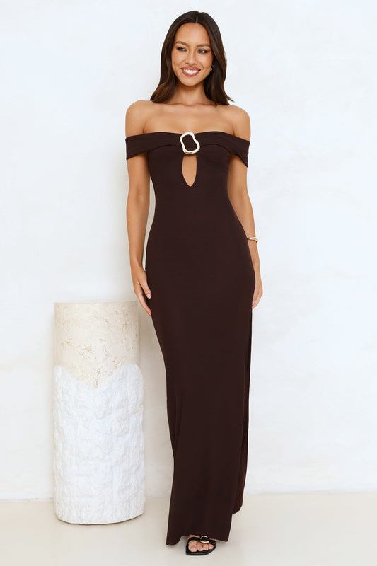 High End Highlights Off Shoulder Maxi Dress Brown