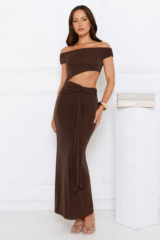 Old Love Letter Off Shoulder Maxi Dress Brown
