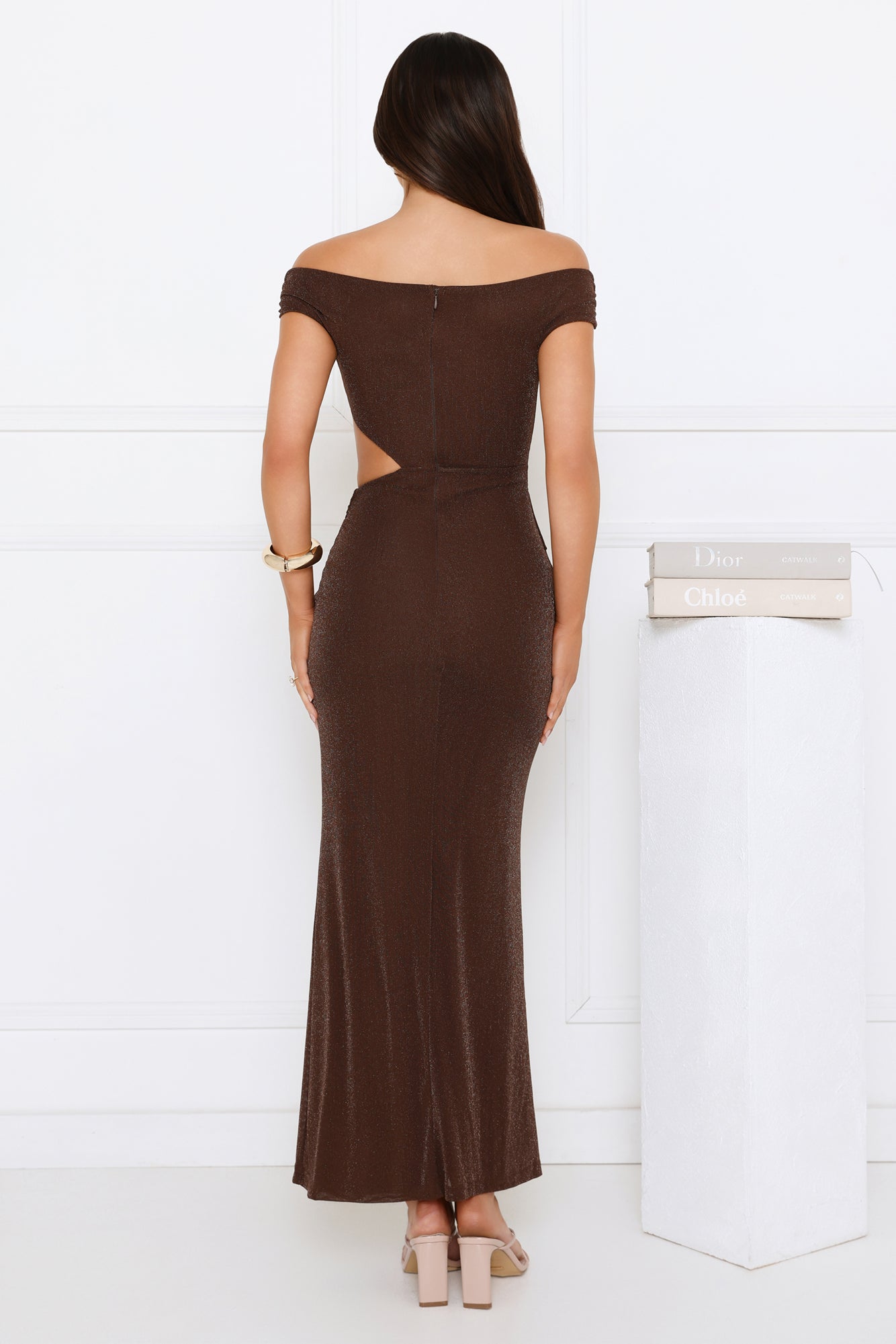 Old Love Letter Off Shoulder Maxi Dress Brown
