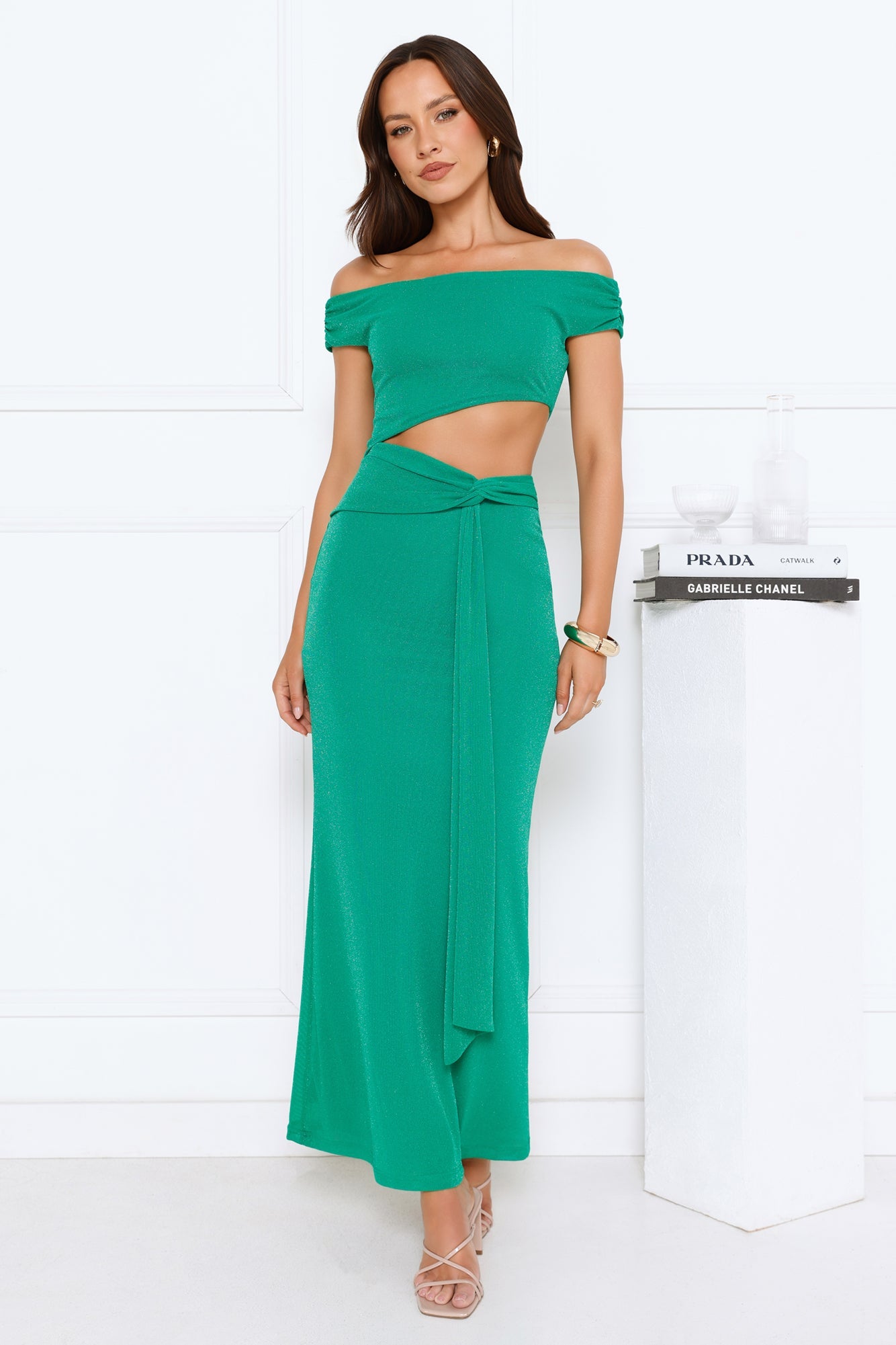 Old Love Letter Off Shoulder Maxi Dress Green