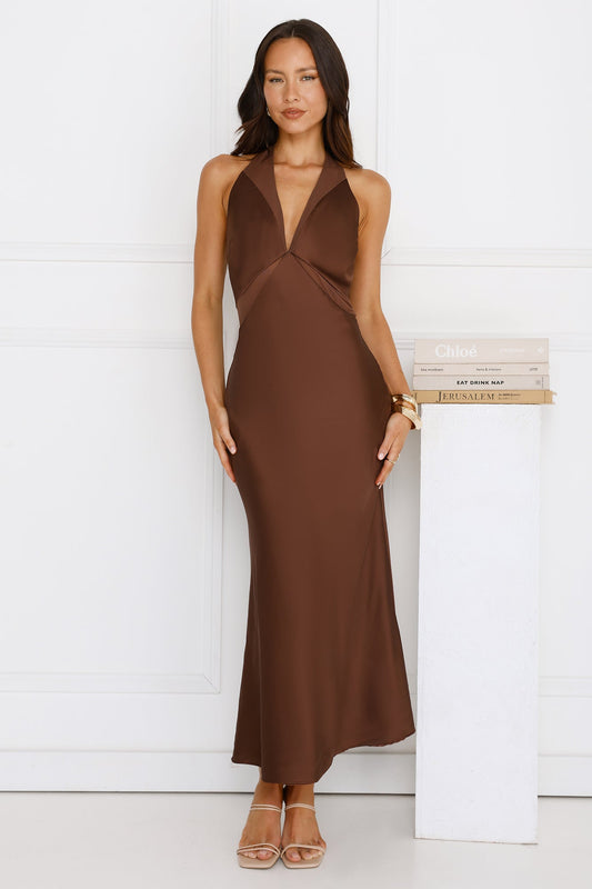 Nocturnal Bloom Satin Halter Maxi Dress Brown