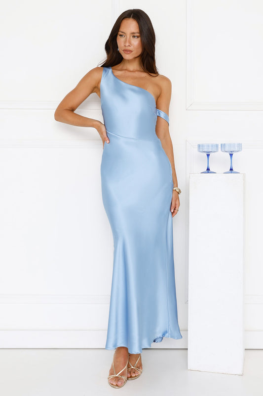 Glimmering Sky Satin Maxi Dress Blue