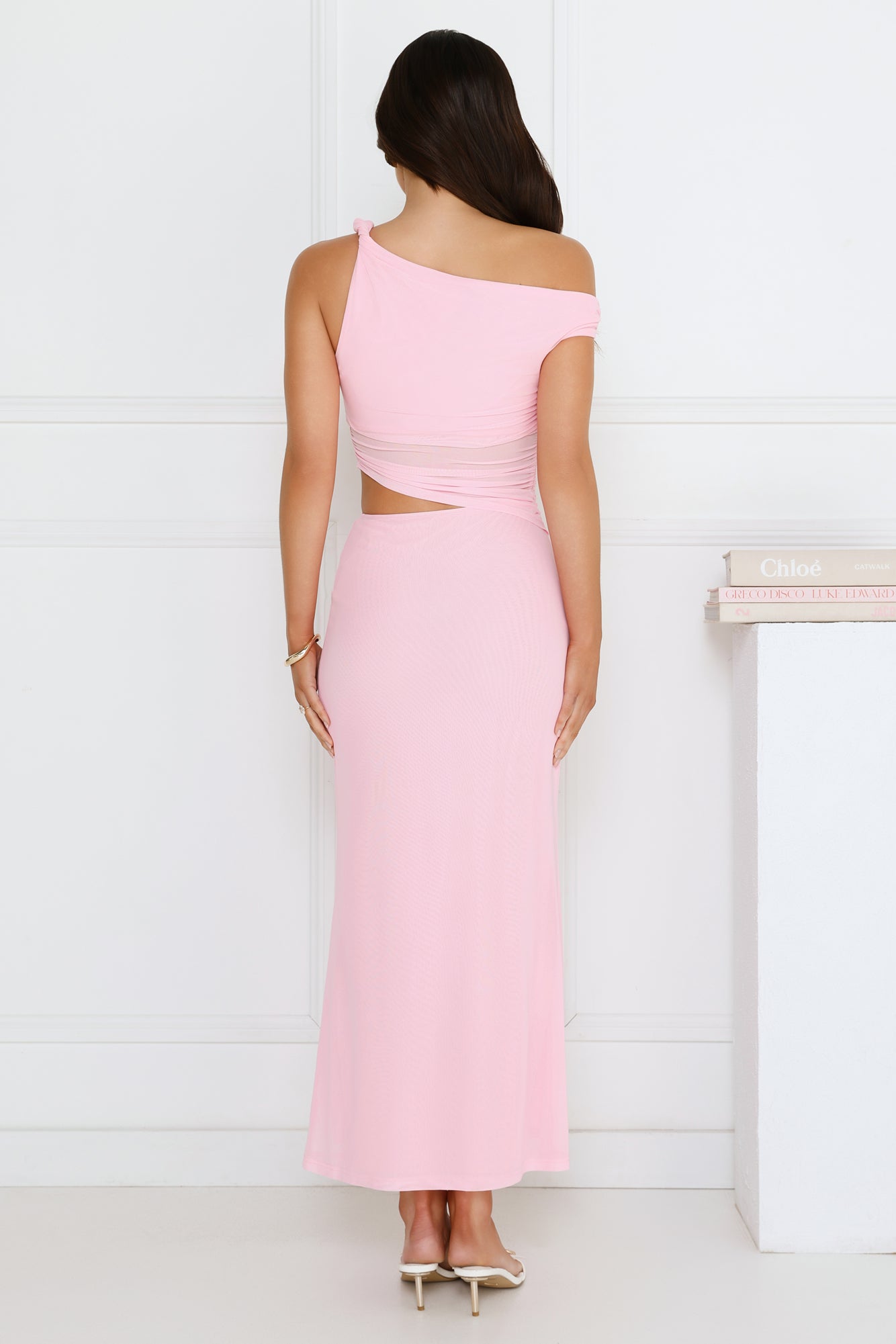 Shimmering Edge Off Shoulder Mesh Maxi Dress Pink