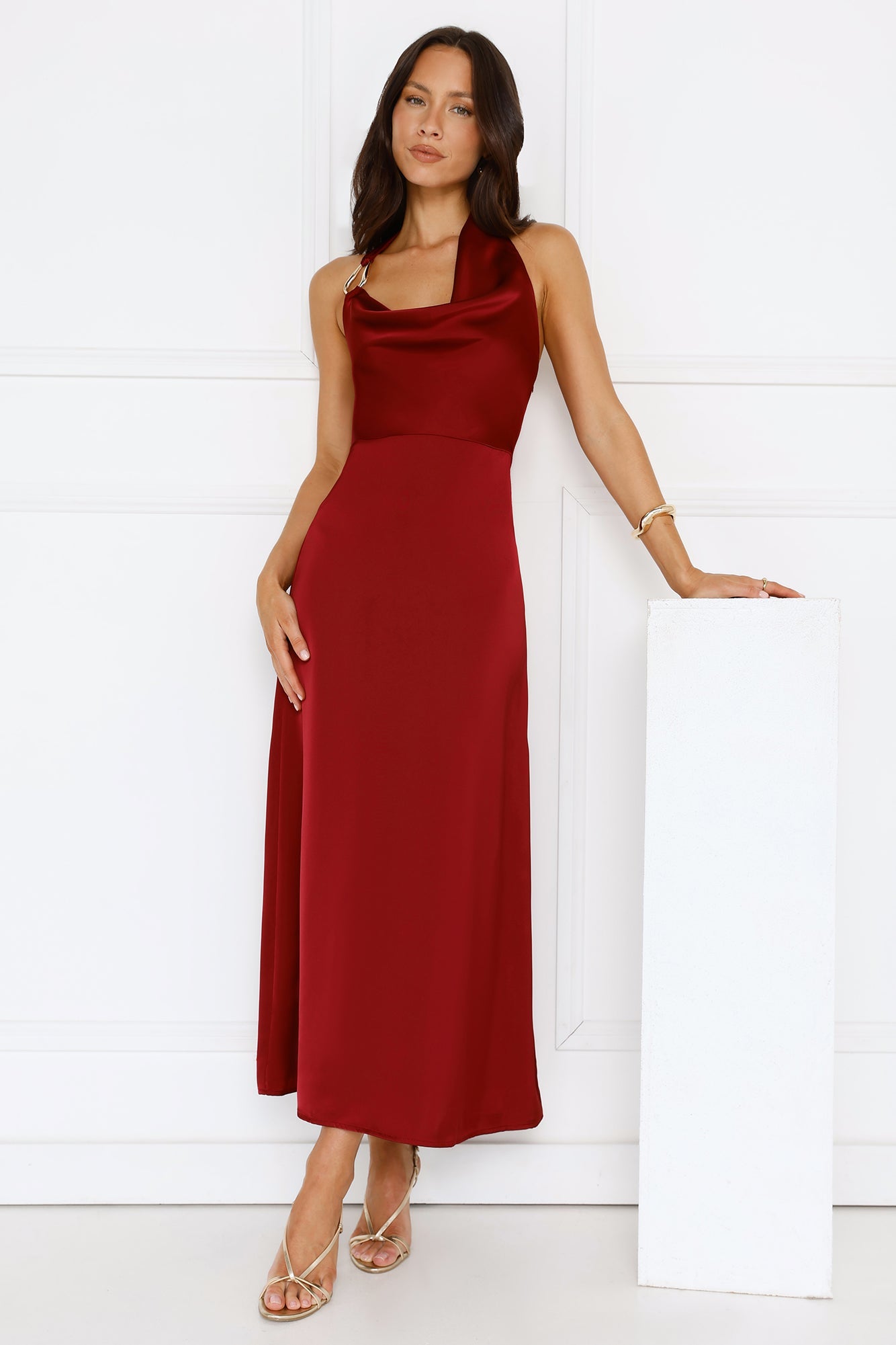Night's Allure Satin Halter Maxi Dress Wine
