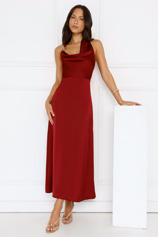 Night's Allure Satin Halter Maxi Dress Wine