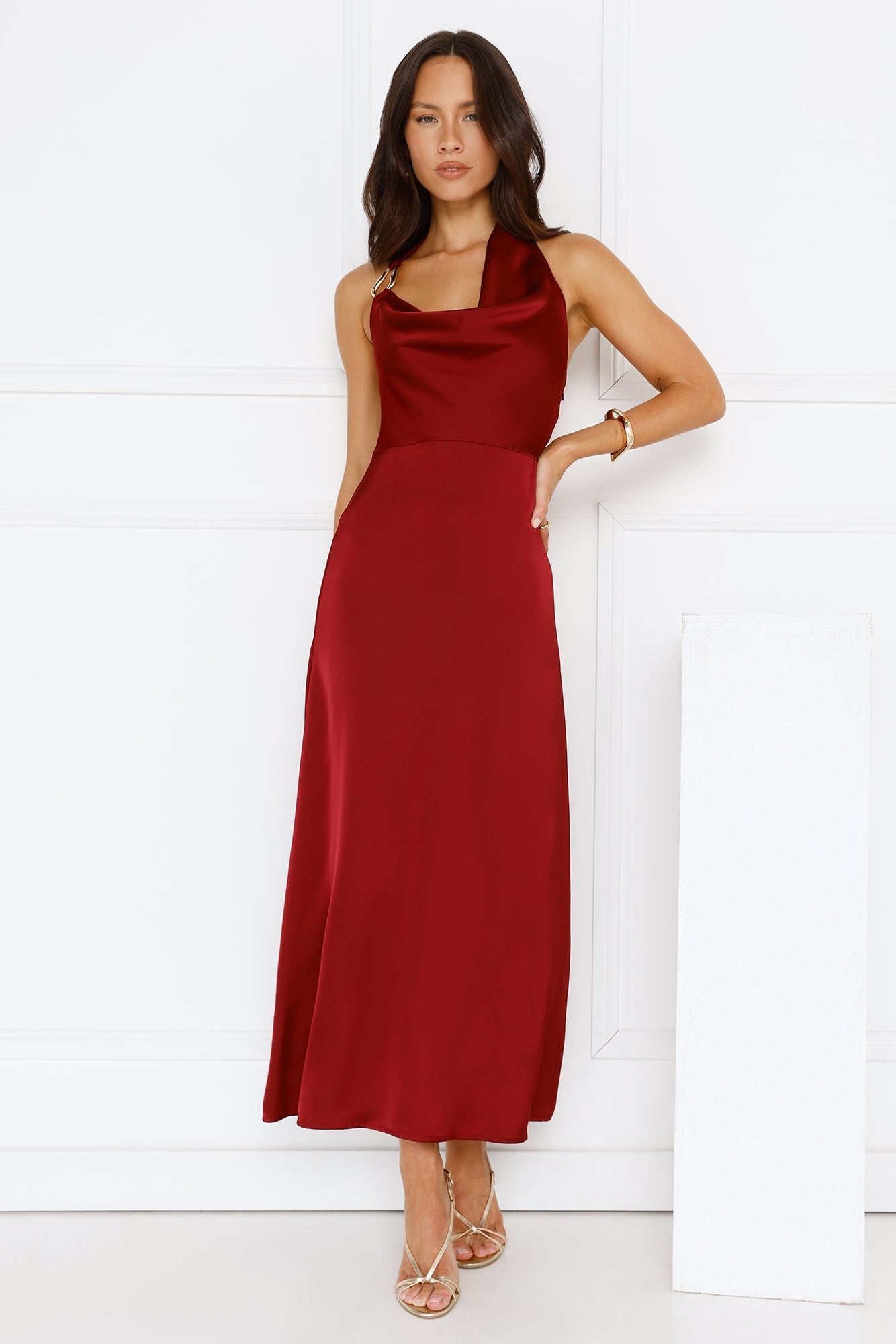 Night's Allure Satin Halter Maxi Dress Wine