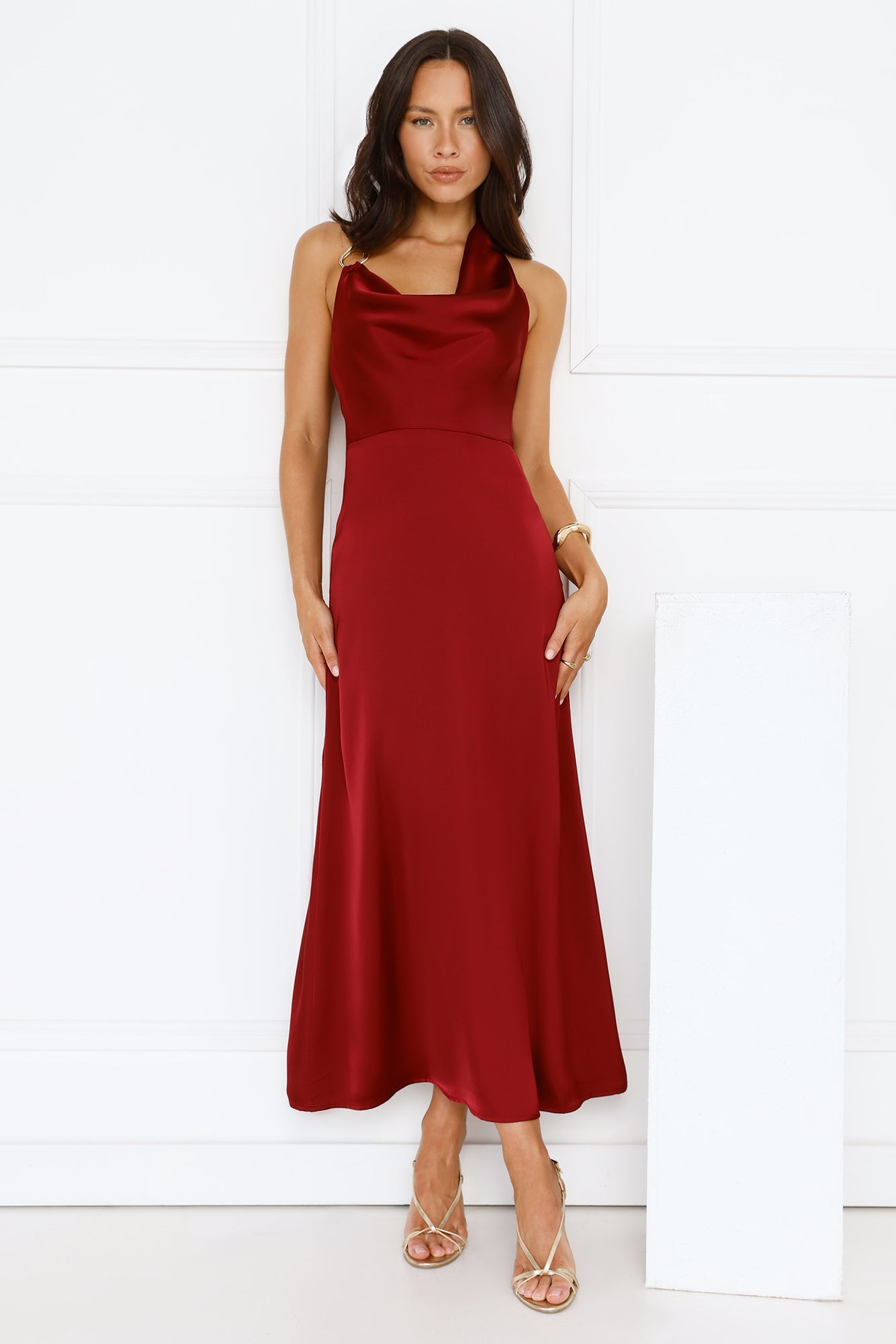Night's Allure Satin Halter Maxi Dress Wine