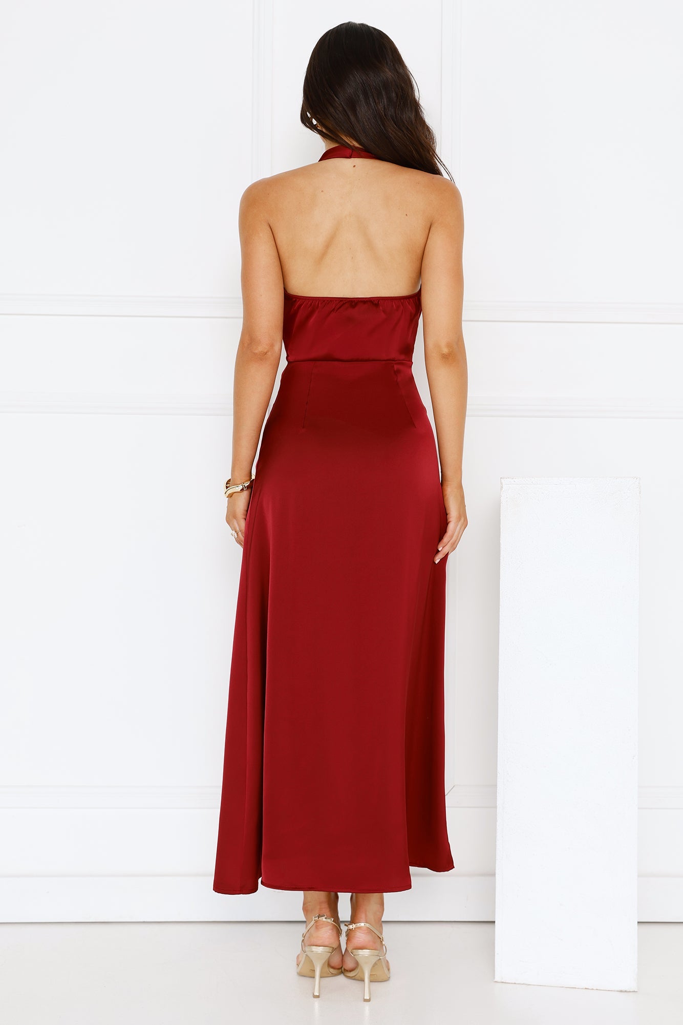 Night's Allure Satin Halter Maxi Dress Wine
