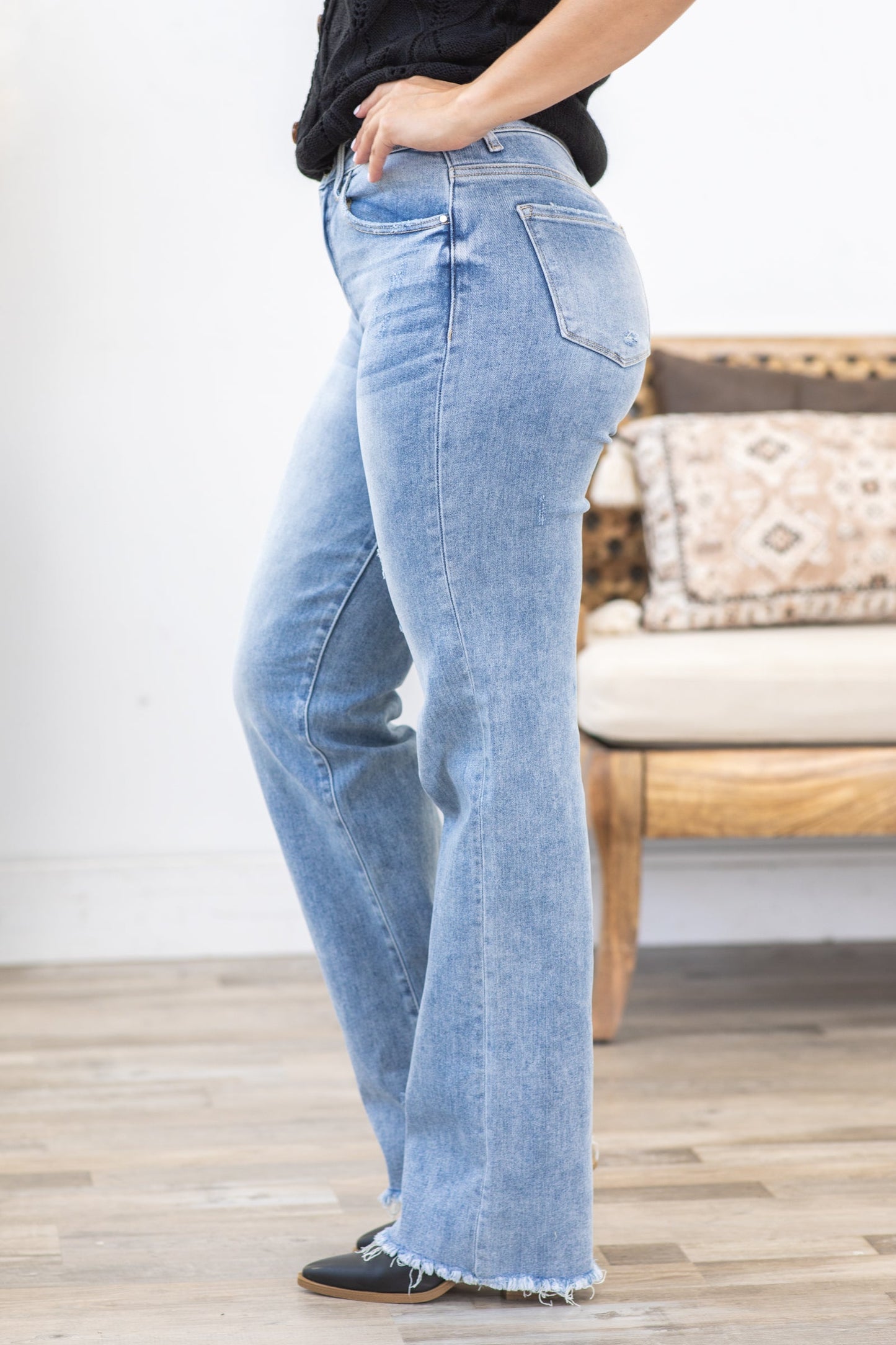 Risen Light Wash Long Straight Jeans Fray Hem