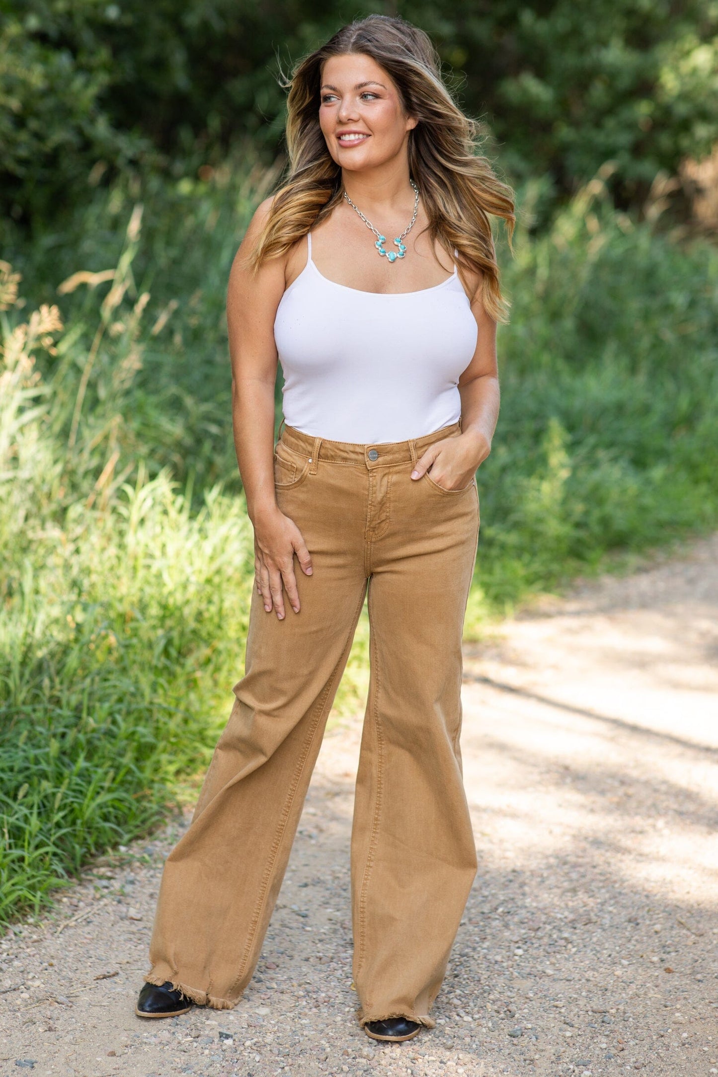 Risen Cinnamon Wide Leg Distressed Hem Jeans