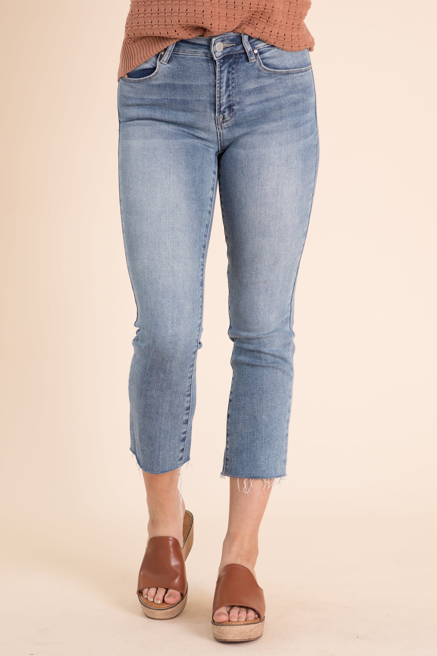 Risen Mid Rise Raw Hem Straight Leg Jeans