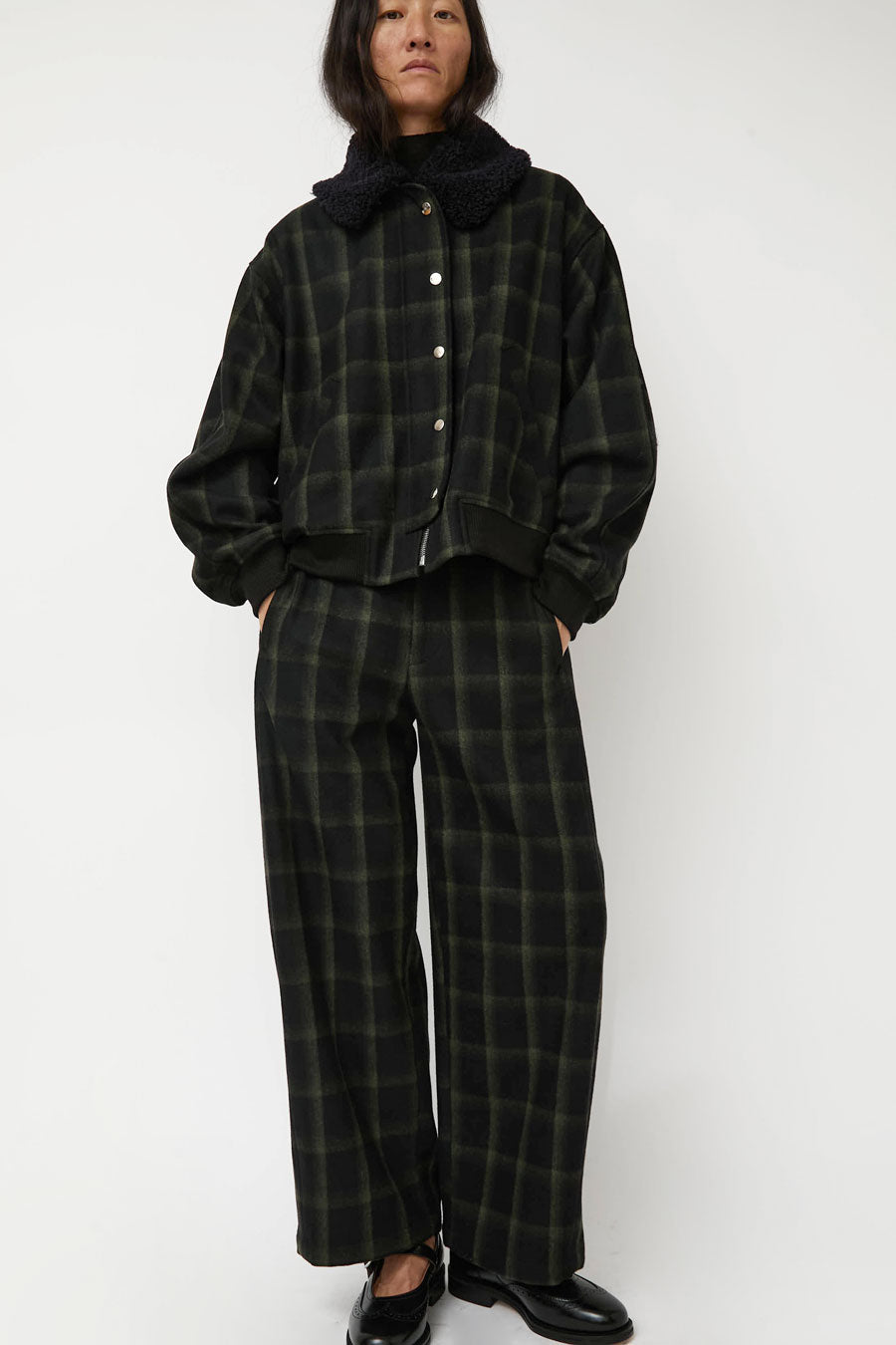 No.6 Justin Pant in Black and Olive Plaid