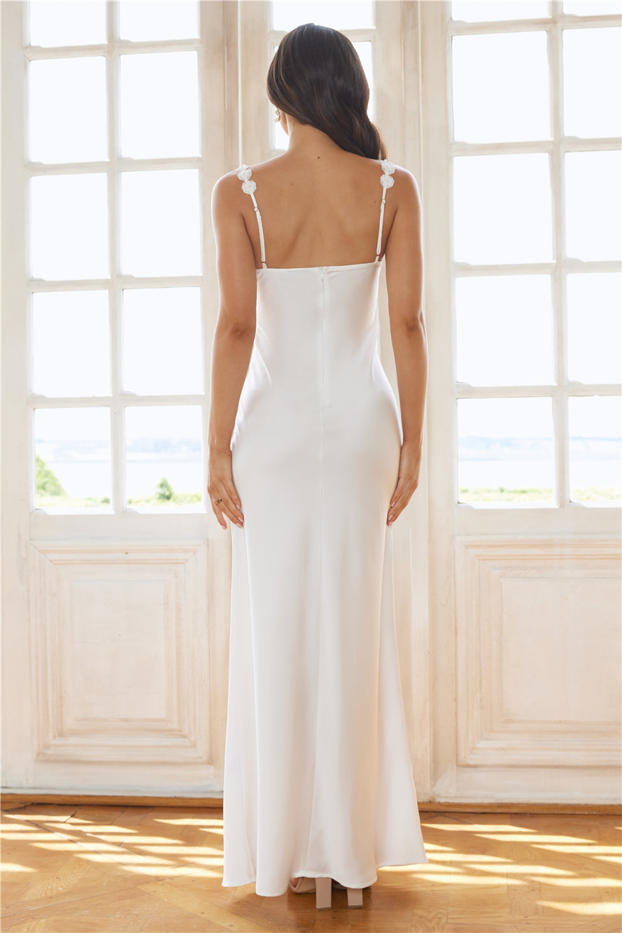 The Floral Soirée Satin Maxi Dress White