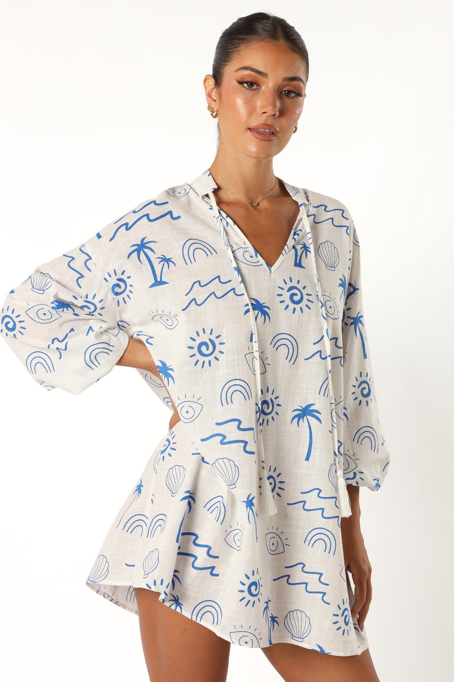 Laila Long Sleeve Linen Mini Dress - White Blue
